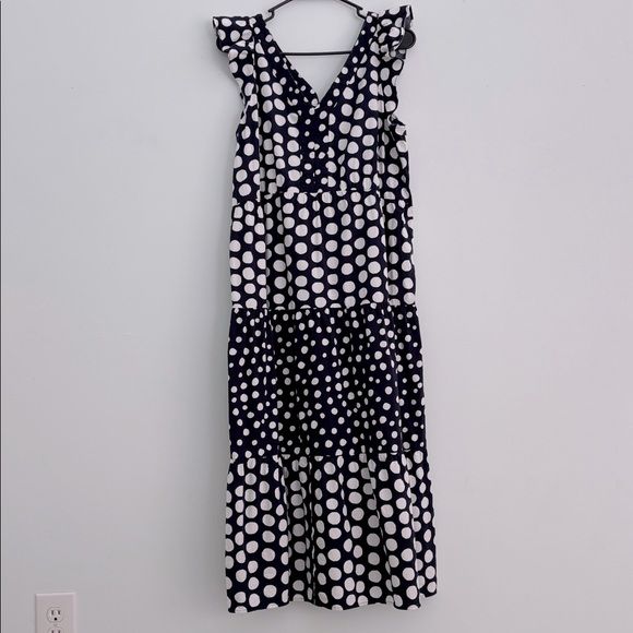LOFT Dresses & Skirts - LOFT Maxi Dress size large navy blue and white polka dots tiered flutter sleeve